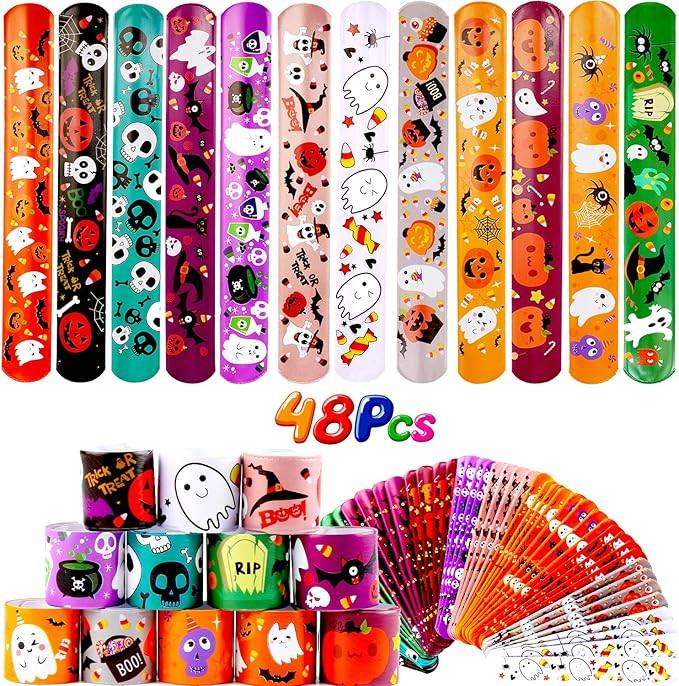 VEYLIN 48 Pieces Halloween Slap Bracelets for Kids, 12 Styles Snap Bracelets Bulk Halloween Givew... | Amazon (US)