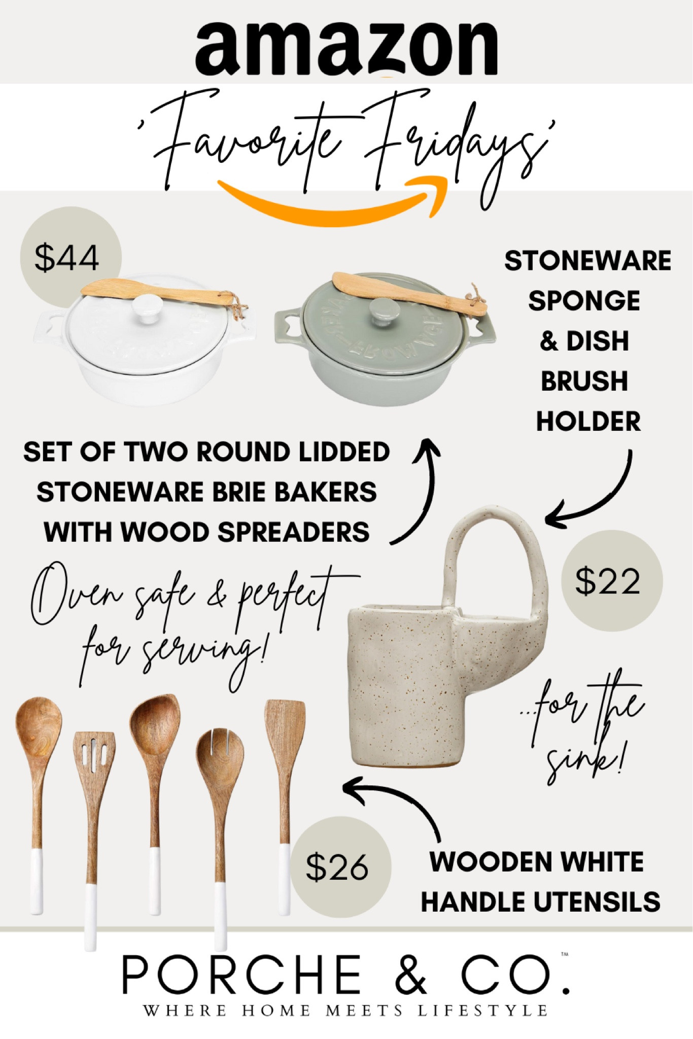 Amazon Kitchen favorites for your home- stoneware dish brush holder,  set of two Brie bakers and serving dishes and wooden cooking utensils with white handles 🤍 #kitchen #amazon #amazonfinds

#LTKhome #LTKsalealert #LTKunder50