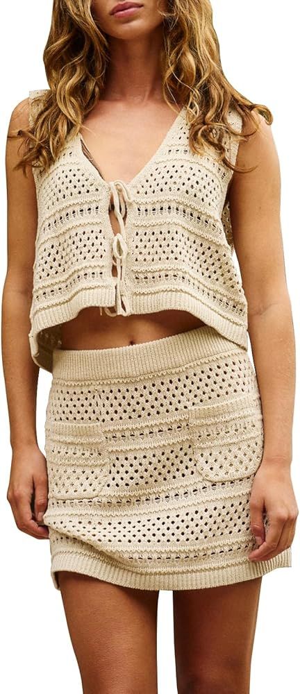 Ladyful Women Casual Short Crochet Knit Set V Neck Sleeveless Top and Mini Skirt Cover Up 2 Piece... | Amazon (US)