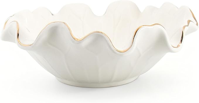 Aimtobest Handcrafted 8" White Ceramic Ruffle Bowl with Gold Trim – Modern Lotus Design, Small ... | Amazon (US)