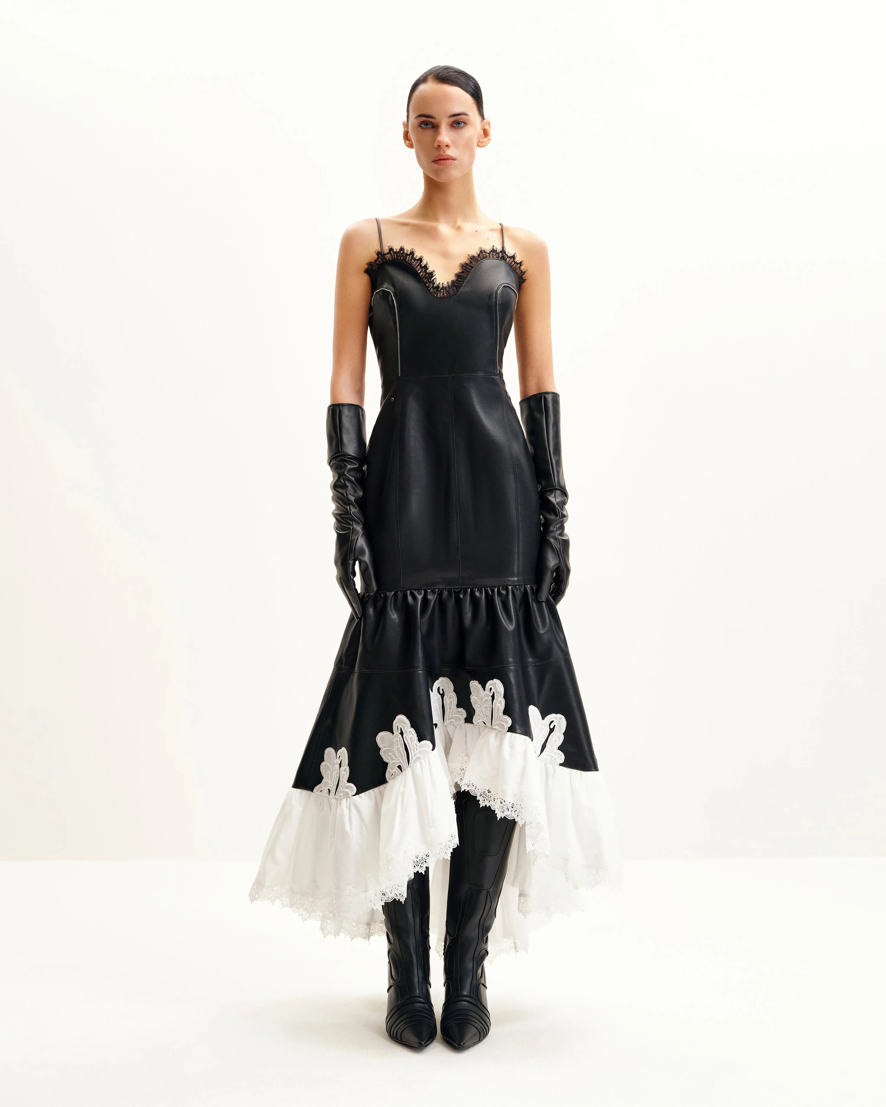 Zora Lace Trim Leather Dress - Black | JW PEI US