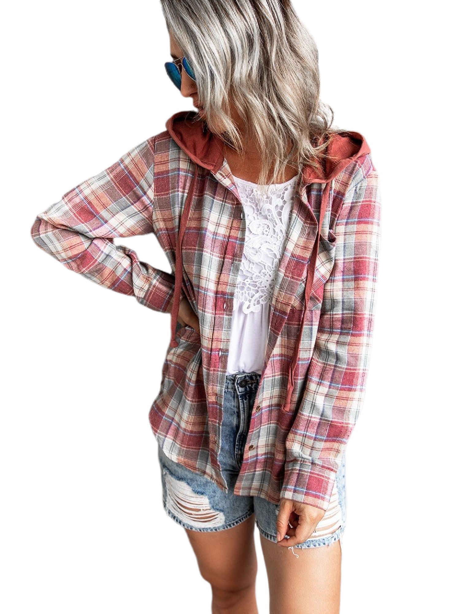 Voxshe Women's Plaid Jacket Casual Button Down Long Sleeve Drawstring Hoodie Coat Plaid Short Sha... | Walmart (US)