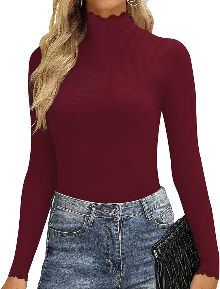MANGOPOP Long Sleeve Bodysuits for Women Ruffle Mock Turtle Neck Slim Fitted Body Suit Shirts | Amazon (US)