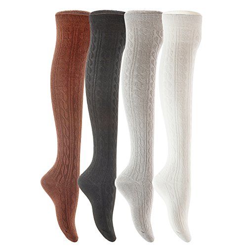 Lian LifeStyle Women's 4 Pairs Over Knee High Cotton Socks Size 6-9(Black,Coffee,Dark Grey,White) | Amazon (US)
