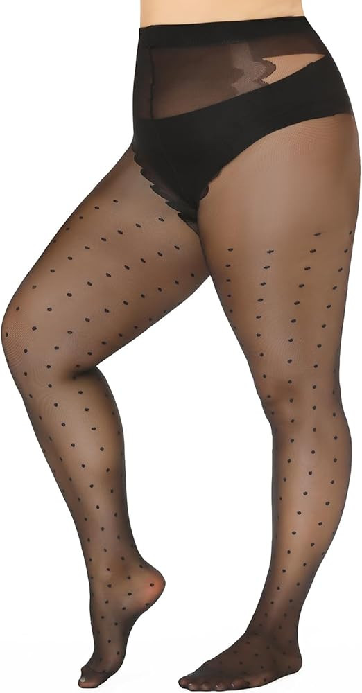MANZI Plus Size Sheer Pantyhose for Women Black Polka Dot Tights Patterned 20D Sexy Stockings | Amazon (US)