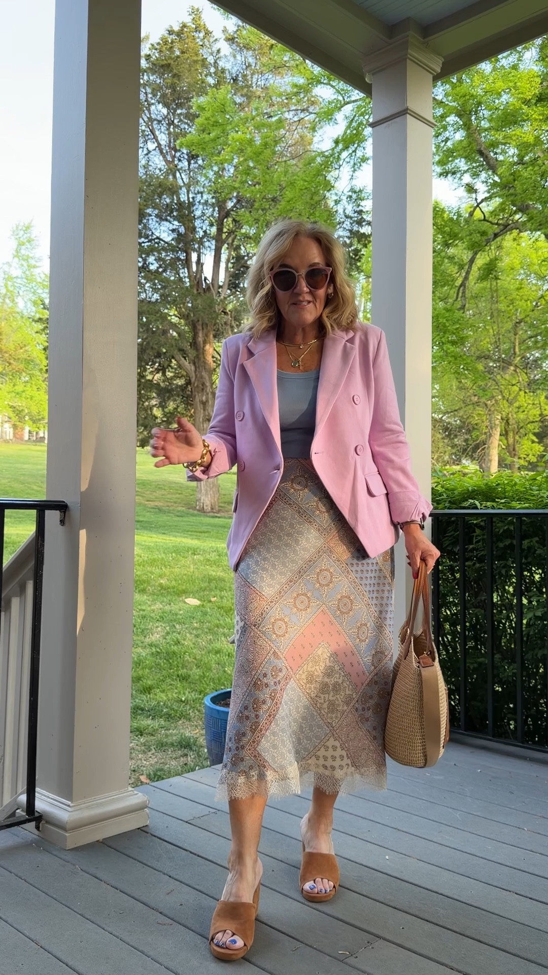 Blazer is a sweatshirt fabric size medium cod NANETTE10 10% off 
Tank medium 
Skirt medium petite 
10% off code NANETTE on my bag 

#LTKOver40 #LTKWorkwear #LTKSaleAlert
