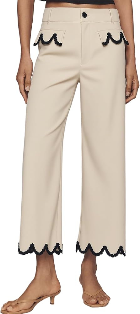 Women's Scalloped Wide Leg Pants Casual High Waisted Button Down Loose Fit Cropped Hem Trousers w... | Amazon (US)