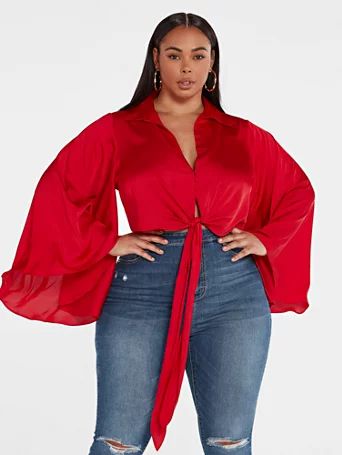 Rosalie Satin Blouse with Drama Sleeves - Fashion To Figure | Fashion to Figure