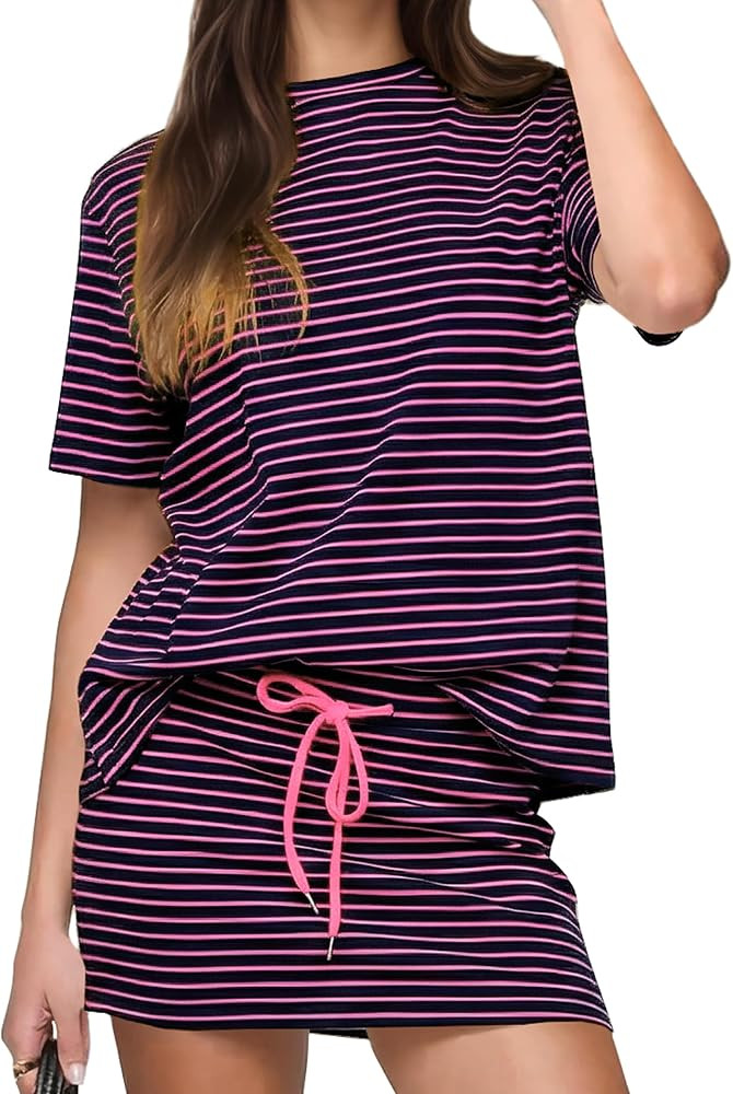 KFUBUO Women's 2 Piece Striped Mini Skirt and Top Set Short Sleeve T Shirt Matching Skort Sets Ca... | Amazon (US)