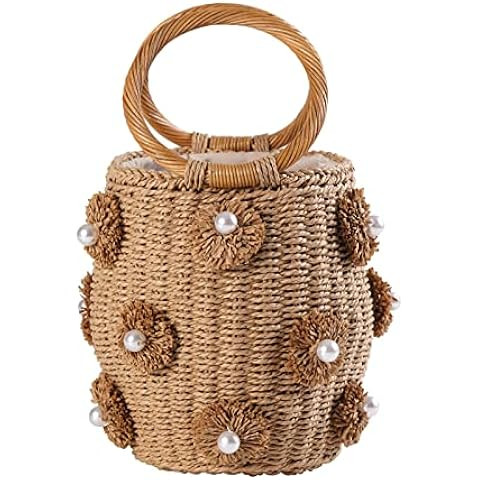 Flower Pearls Rattan Tote Bag Summer Beach Drawstring Straw Bucket Bag Diamonds Woven Handbag | Amazon (US)
