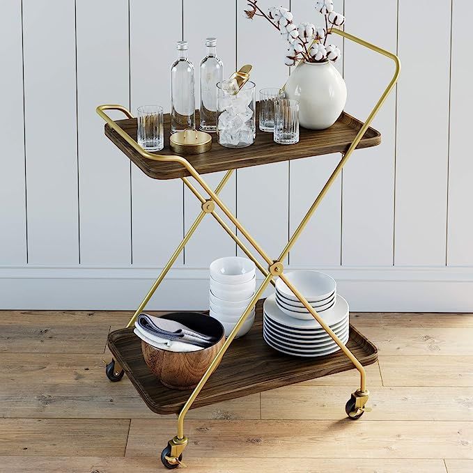 Nathan James Hallie Retro Mid-Century, Rectangle, Rolling Bar Serving Cart with 2-Tier Trays and ... | Amazon (US)