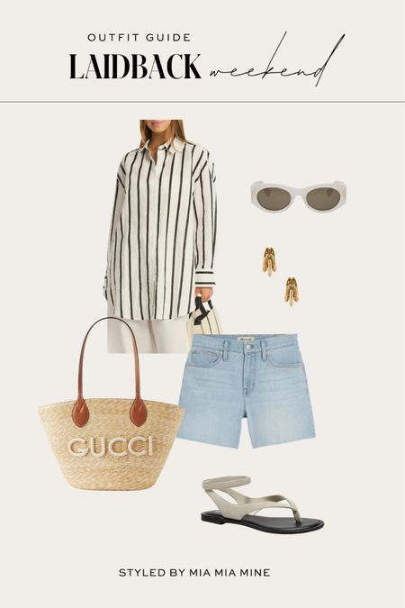 Casual weekend outfit / summer outfit ideas / Memorial Day weekend outfit
stripe button up shirt 
Madewell shorts
Gucci straw tote
Thong sandals 

#LTKItBag #LTKTravel #LTKStyleTip