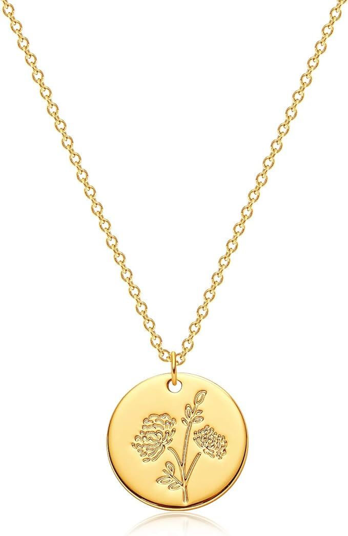 Amazon.com: Mevecco Birth Flower Necklace 18k Gold Engraved Custom Floral Pendant Necklaces Daint... | Amazon (US)