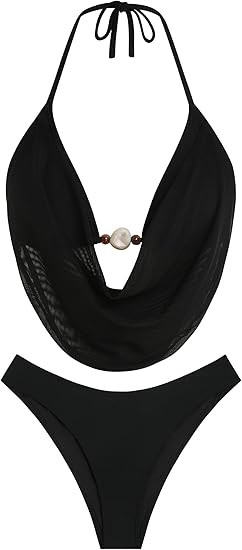 ZAFUL Women's Two Piece Bikini Sets Triangle Halter Swimsuit Deep V Cowl Neck Ruching Bathing Sui... | Amazon (US)