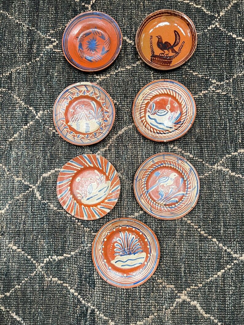 Terracotta vintage Mexican Puebla hand painted glazed decorative plates with wire hangers | Etsy (US)