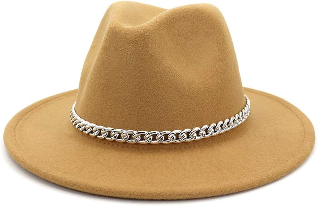 Gossifan Wide Brim Panama Fedoras Hat Felt Hat with Chain Belt for Men Women | Amazon (US)
