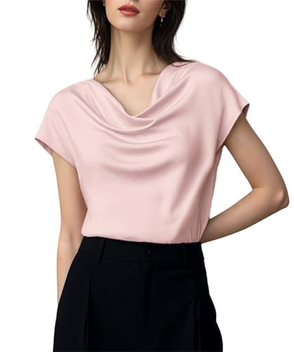 Mettclasi Women's Silk Satin Cowl Neck Short Sleeve Top, Elegant Dressy Casual Summer Blouse Shirt Solid T-Shirt - Size M, Pink | Amazon (US)