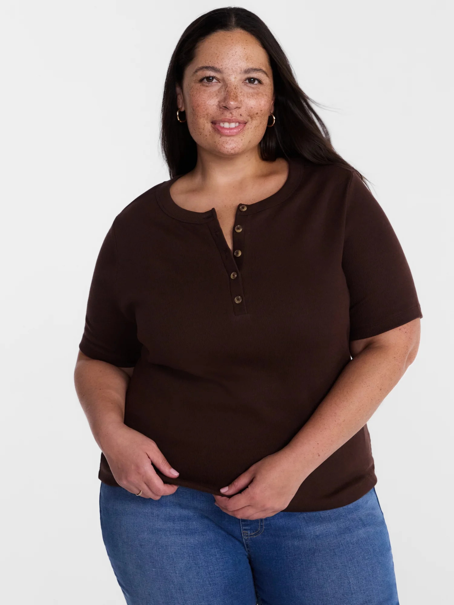 Terra & Sky Women's Plus Ribbed Henley Top with Short Sleeves, Sizes 0X-5X | Walmart (US)