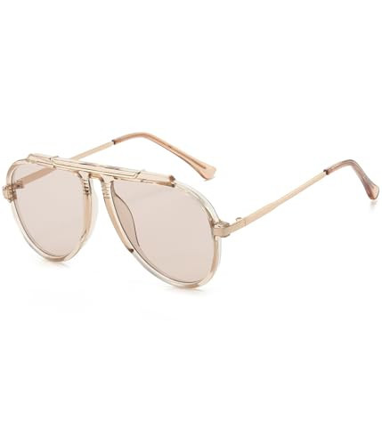 EYLRIM Oversized Retro Aviator Sunglasses for Women Men 70s Trendy Gold Metal Sun Glasses Pilot Shades(Transparent Champagne Frame/Champagne Lens) | Amazon (US)