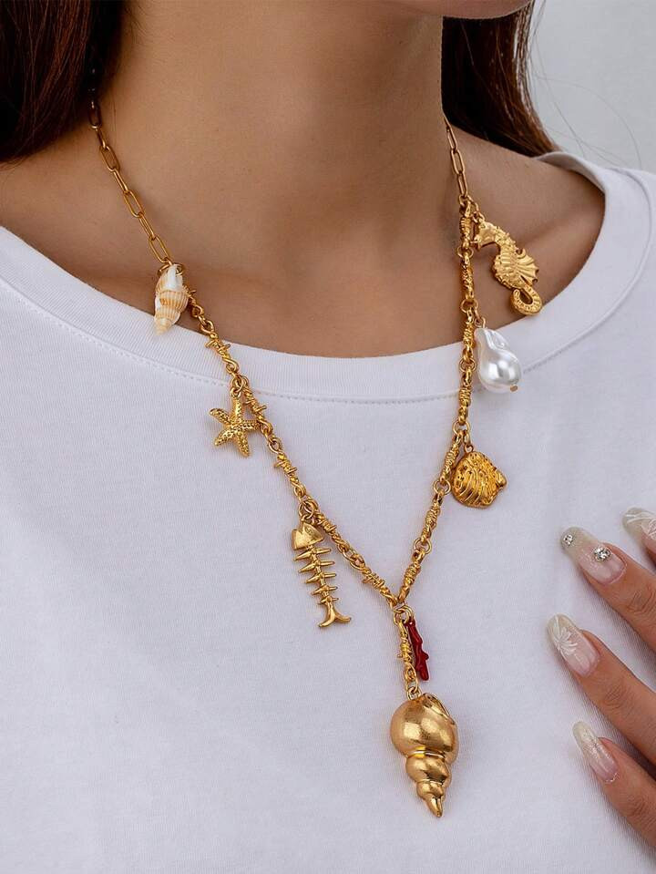 1 Pc Summer Vocation Ocean Beach Style Sea Horse Shell Fish Starfish Multi Charm Necklace For Wom... | SHEIN