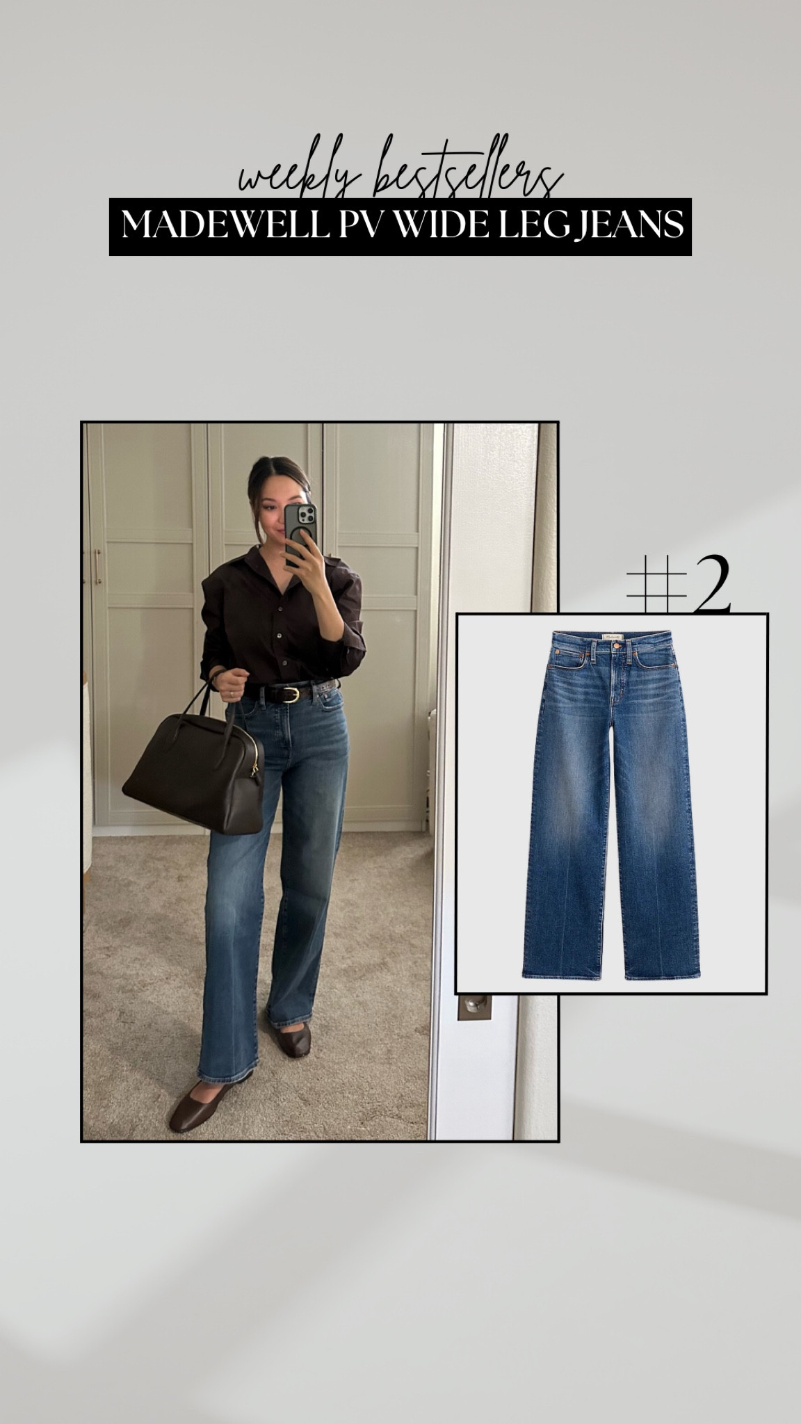 #2 bestseller: Madewell PV wide leg jeans 

• wearing the standard length + sized up for pp sizing 
• have a little stretch in them 
• available in 3 washes 

#LTKWorkwear