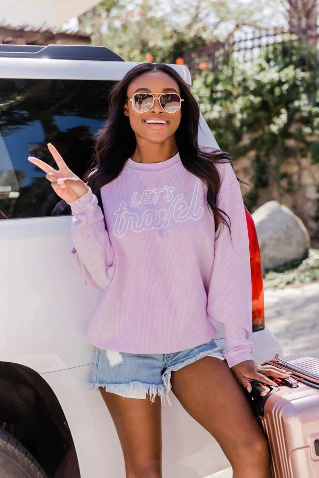 Let's Travel Lilac Corded Graphic Sweatshirt | Pink Lily