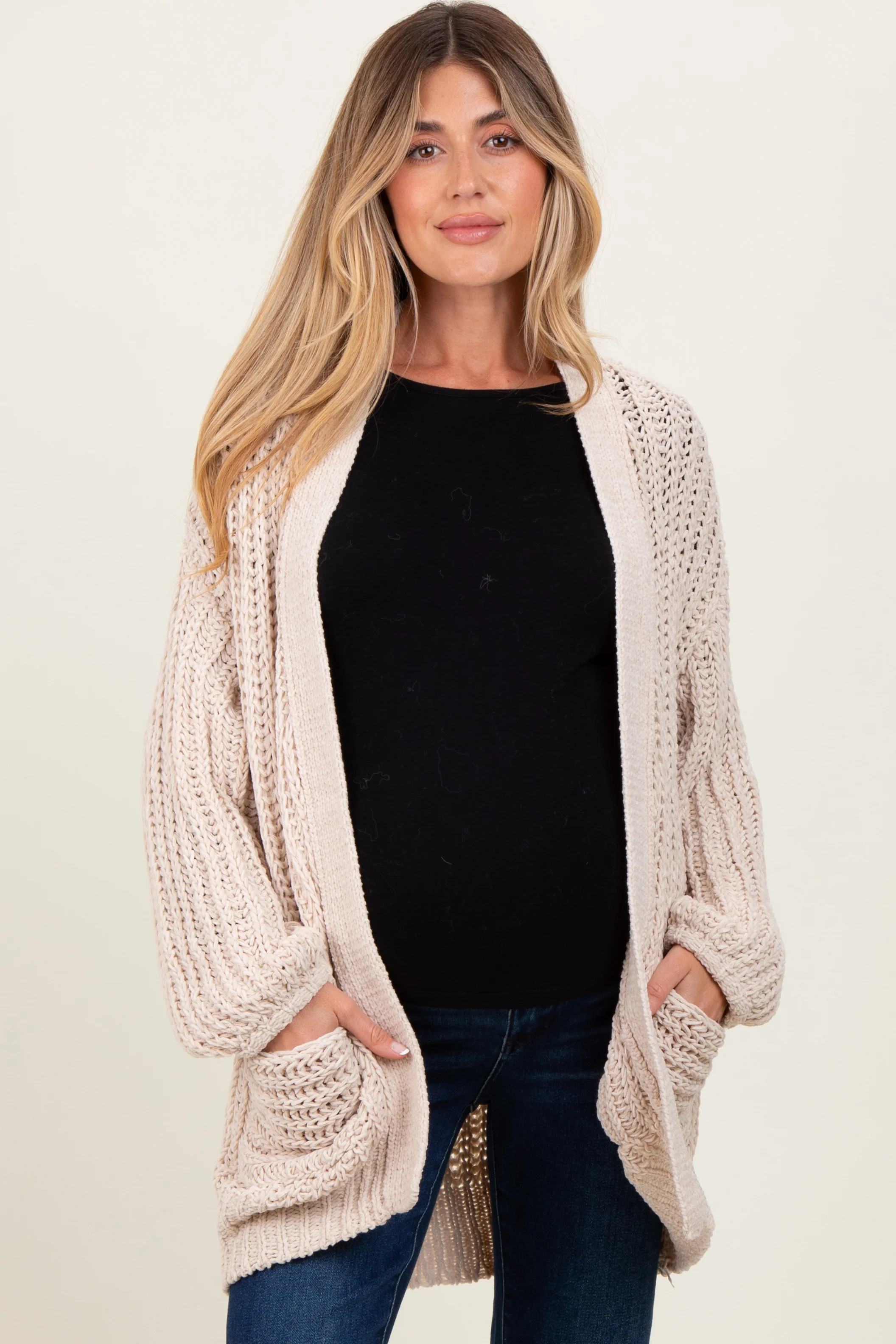 Beige Chunky Knit Oversized Maternity Pocket Cardigan | PinkBlush Maternity