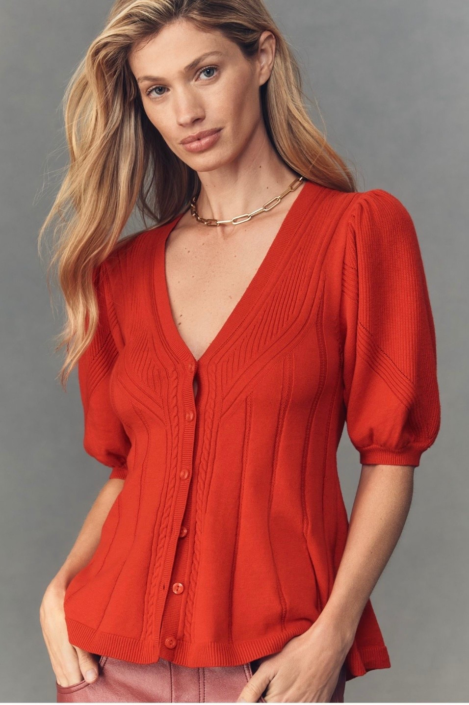 Red cashmere puff sleeve peplum sweater 

#LTKPlusSize #LTKMidsize