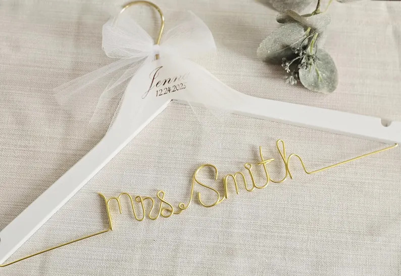 Wedding Personalized Bridal hanger with date engraved, Engagement gifts, Wire script name hanger | Etsy (Global)
