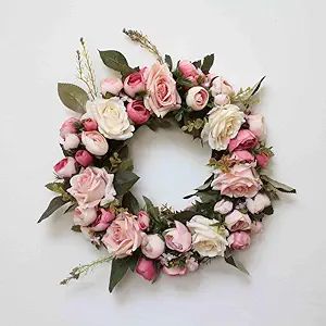Adeeing Artificial Rose Peony Flower Wreath 13 Inch Spring Door Wreath with Silk Flowers and Gree... | Amazon (US)