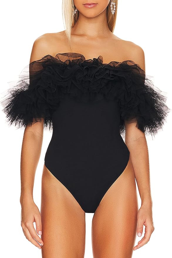 May&Maya Women's Tulle Ruffle Neckline Bodysuit Top Tee Bodice | Amazon (US)