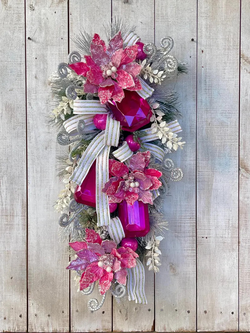 Pink Poinsettia Christmas Swag: Jewel Gem Holiday Door Decor - Etsy | Etsy (Global)