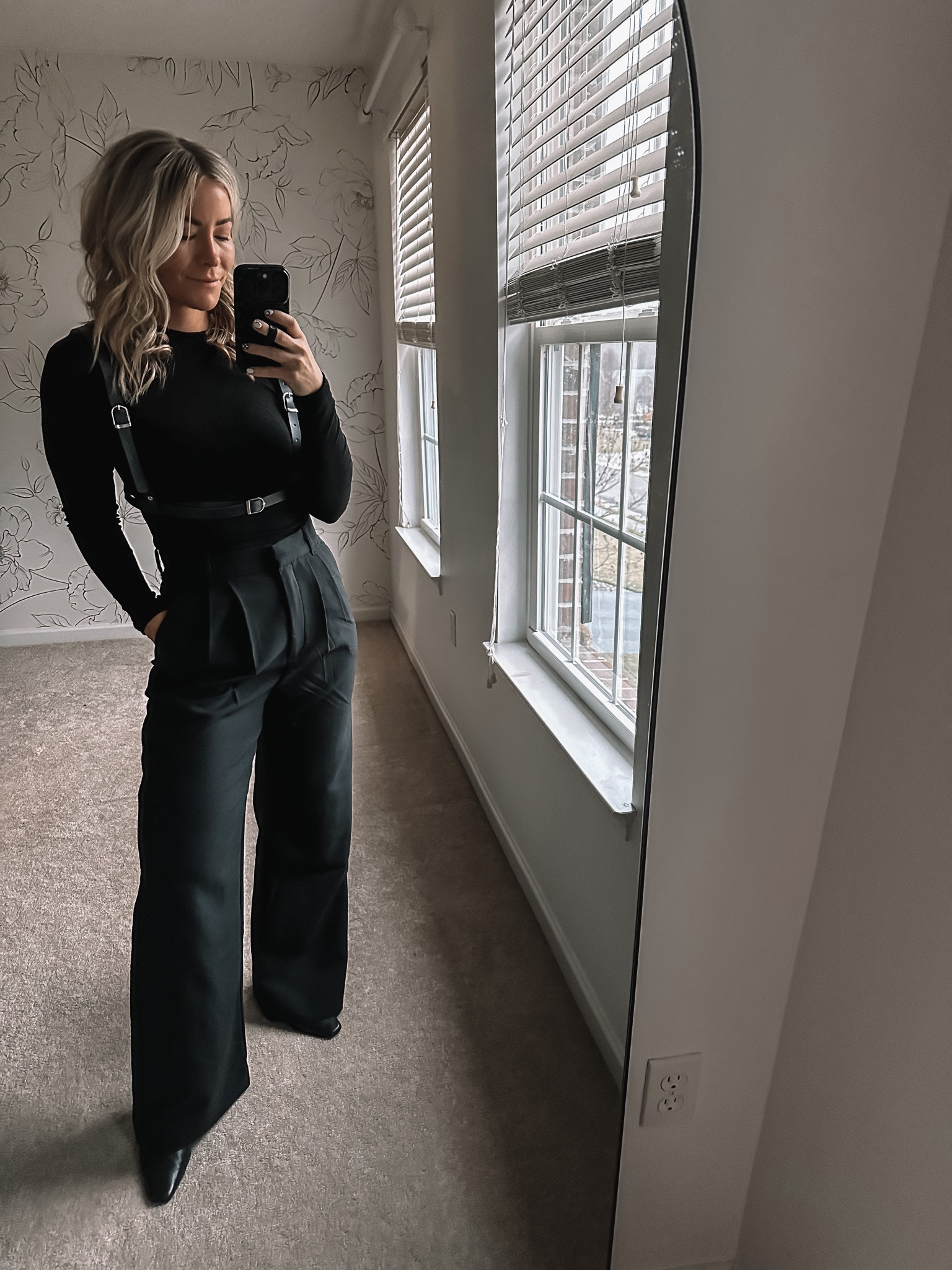 All black, black trouser pants, wide leg pants, mesh top, leather harness 

#LTKstyletip #LTKunder100 #LTKunder50