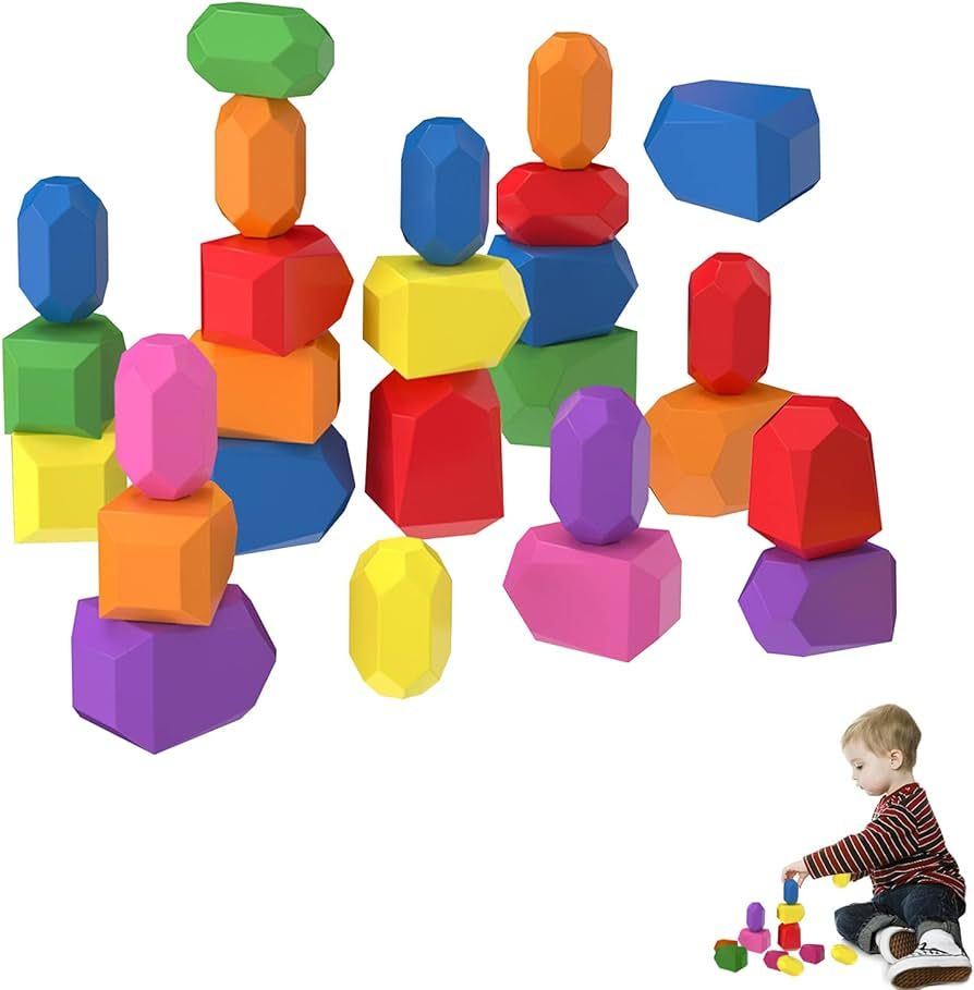 JINYONGXING Montessori Toys Wooden Building Blocks 26 Pcs Wooden Sorting Stacking Rocks Balancing... | Amazon (US)