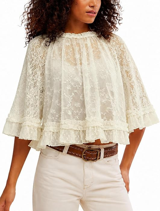 Women Boho Sheer Lace Poncho Top See Through Blouse Loose Flowy Pullover | Amazon (US)