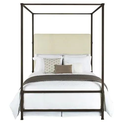 Quade Upholstered Black Iron Canopy Four Poster Bed - King | Kathy Kuo Home