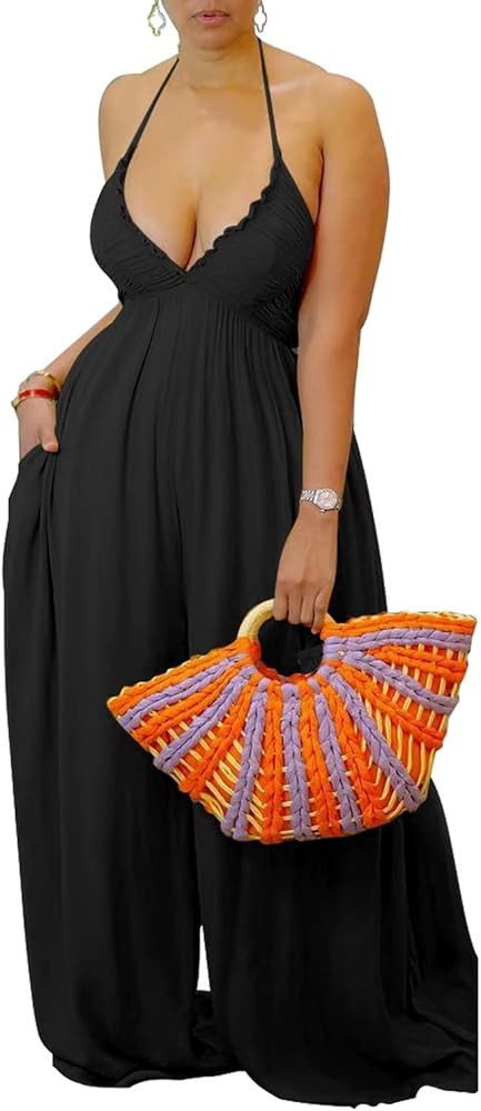 Aro Lora Womens Sexy V Neck Halter Tie Knot Ruched One Piece Wide Leg Pant Jumpsuit Romper | Amazon (US)