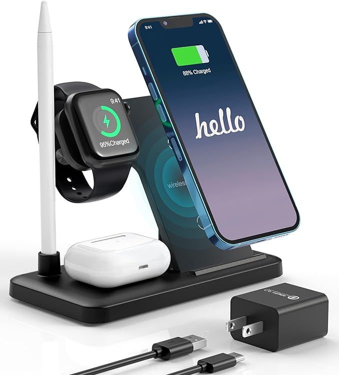 Wireless Charger, 4 in 1 Fast Charging Station Stand Compatible with iPhone 13/12/11/Pro/XS/XR/X/... | Amazon (US)
