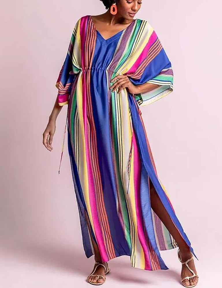 Bsubseach Women's Print Turkish Kaftan Beachwear Bikini Cover Up Maxi Dress | Amazon (US)