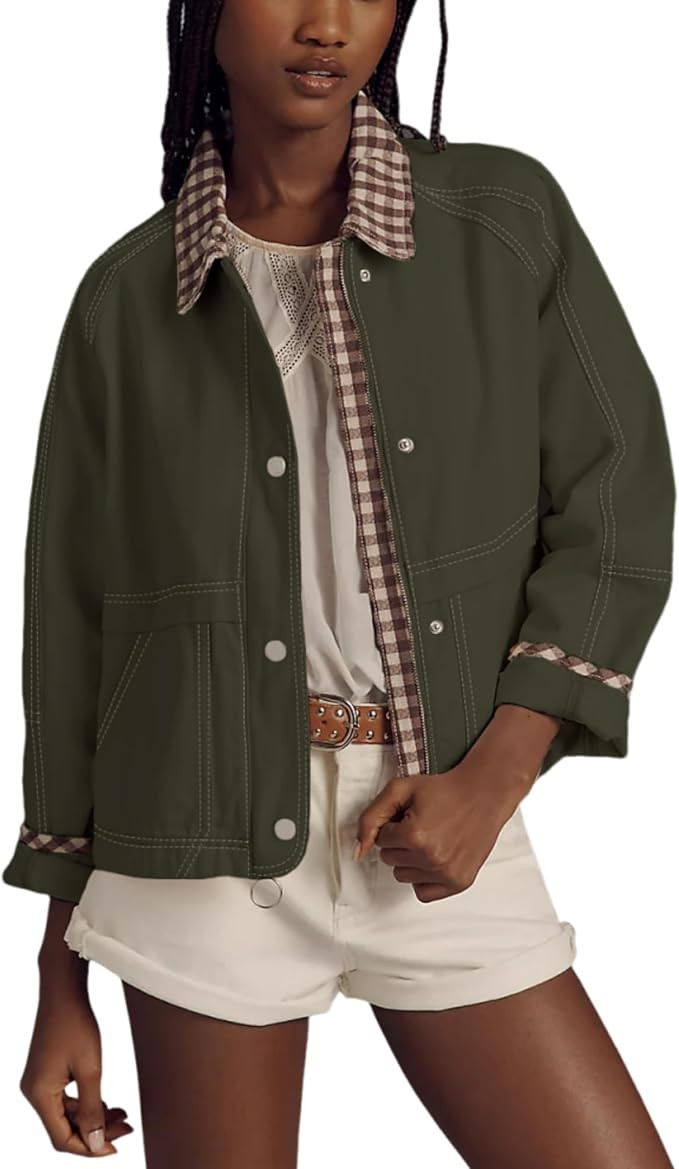 Aimiray Women's Oversized Plaid Jacket Lapel Button Down Casual Shacket Coats with Side Pockets | Amazon (US)