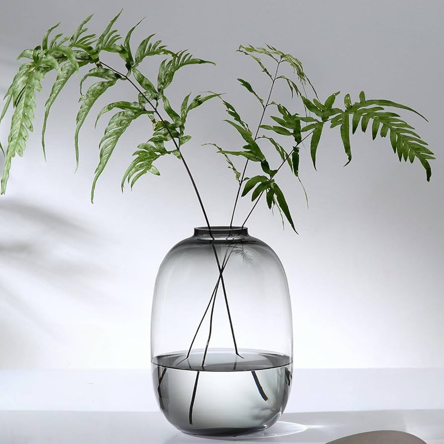 Glass Vase, Large Gray Oval Flower Vases, Hand Blown 10 Inch Glass Vase for Home Decor, Modern Ce... | Amazon (US)