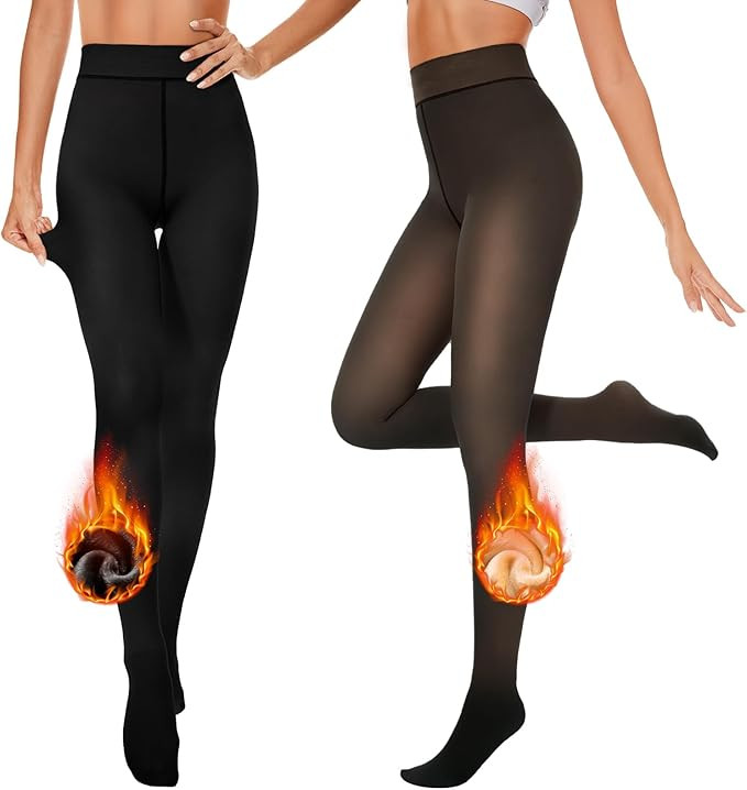 ZOOSIXX Translucent Fleece Lined Tights Women, 2 Pairs Winter Sheer Black Leggings Warm Fake Pant... | Amazon (US)