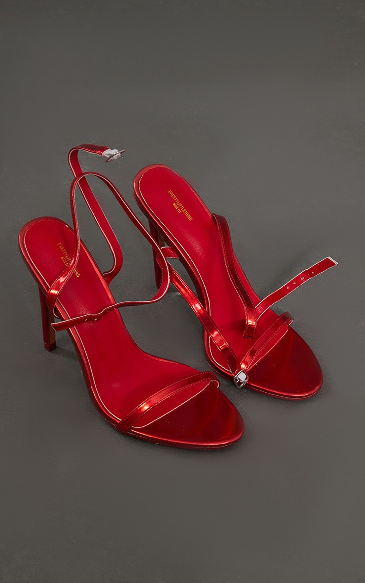 Red Wide Fit Metallic Pu Round Toe Barely There High Heeled Sandals | PrettyLittleThing UK