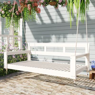 Patio Wooden Twin Size Porch Swing Daybed Frame, Garden Swing Bench with Hemp Ropes for Backyard, Outdoor, White - ModernLuxe | Target