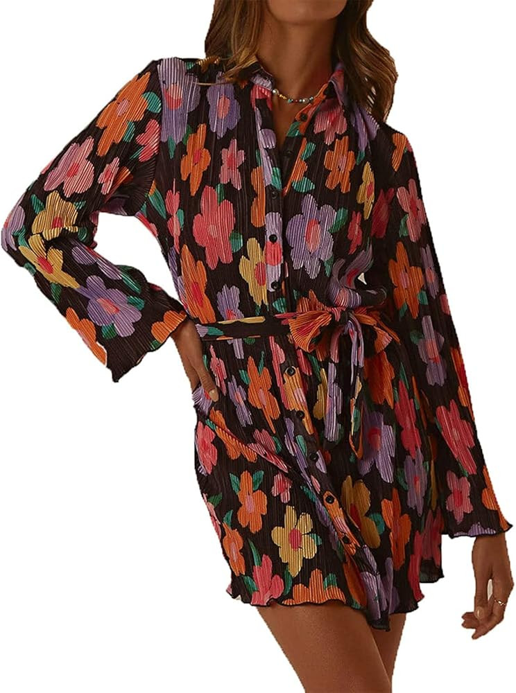 ABYOVRT Women Shirt Dresses Long Sleeve Pleated Mini Dress Casual Button Down Tunic Tops with Bel... | Amazon (US)