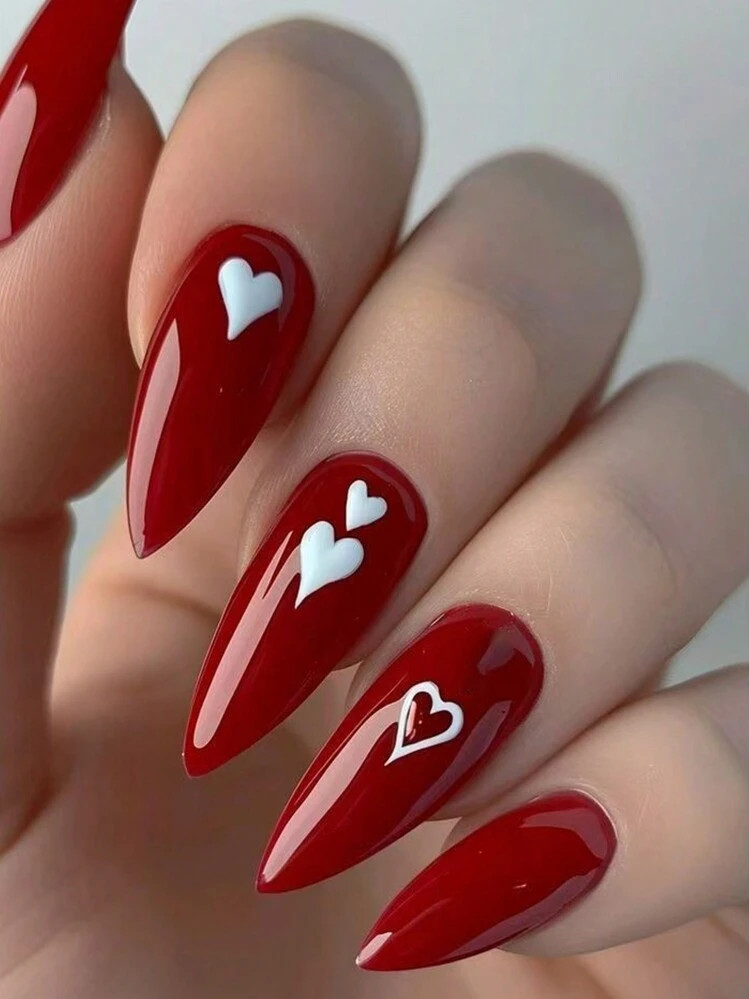 Valentines Nails 24pcs Red & White Heart Shaped Glossy Short/Mid Length False Nails, Elegant Vale... | SHEIN