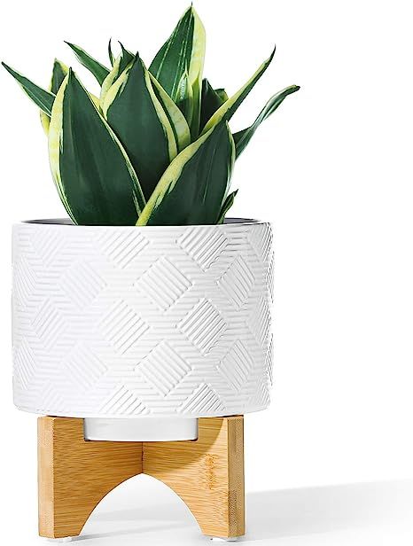 POTEY 029412 Ceramic Planter with Wood Stand - 6.1 Inch Mid Century Plant Pots for Indoor Flowers... | Amazon (US)
