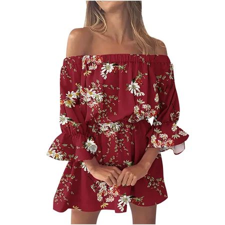 One Shoulder Dress For Women Sexy Dress Off Shoulder Dress Ladies Summer Beach Boho Bell Sleeve Wais | Walmart (US)