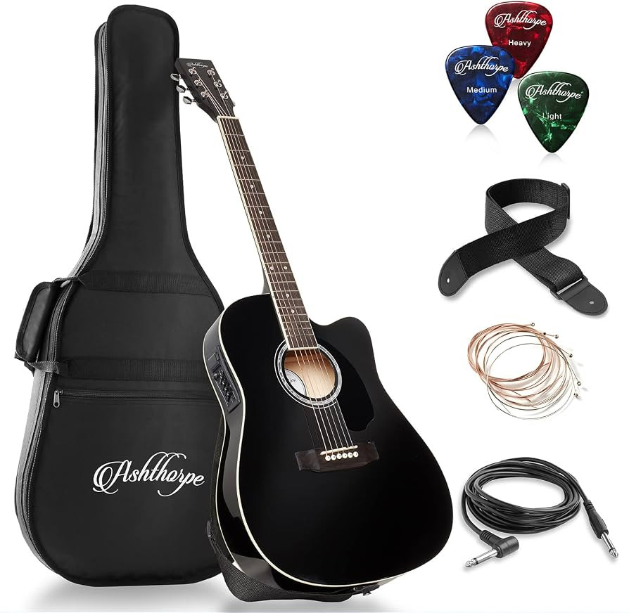 Ashthorpe Full-Size Cutaway Thinline Acoustic-Electric Guitar Package - Premium Tonewoods - Black | Amazon (US)