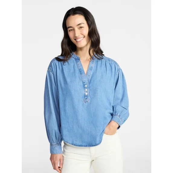Time and Tru Women's Popover Denim Top with Long Sleeves, Sizes XS-XXXL | Walmart (US)